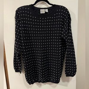 Crescendo Black Crew Neck Pullover Sweater with Faux Pearls Size Large